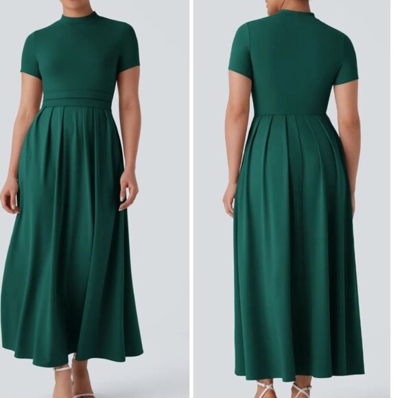 Halara Dress Mock Neck Short Sleeve Maxi Green Pleated Casual Medium NWT Pockets - Picture 1 of 12